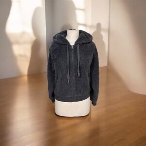 American Eagle Sherpa Teddy Fleece Zip Up Jacket Hood Small Gray Huggable Soft